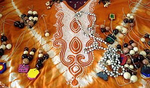 Display of African-style jewelry made by students at the Montessori Magnet School.